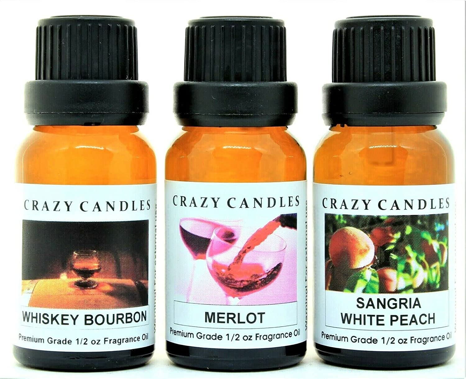 Crazy Candles 3 Bottle Set: Whiskey Bourbon, Merlot, Sangria White Peach  1/2 Fl Oz Each (15ml) Premium Grade Scented Fragrance Oil Made in USA 